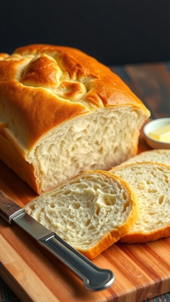 High Altitude Sandwich Bread Recipe Freshly baked high altitude sandwich bread loaf, sliced, on a wooden cutting board with butter.